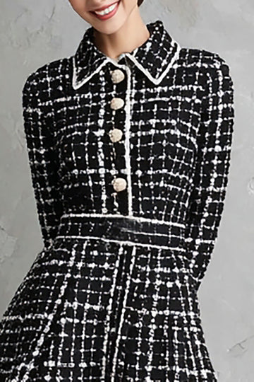 Black A-Line Tweed Collar Neck Work Dress